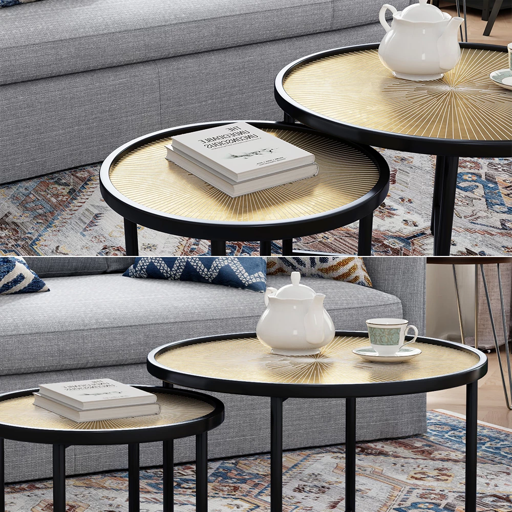 Nahaufnahme von Beistelltisch-Set in Holz, zeigt Textur/Details