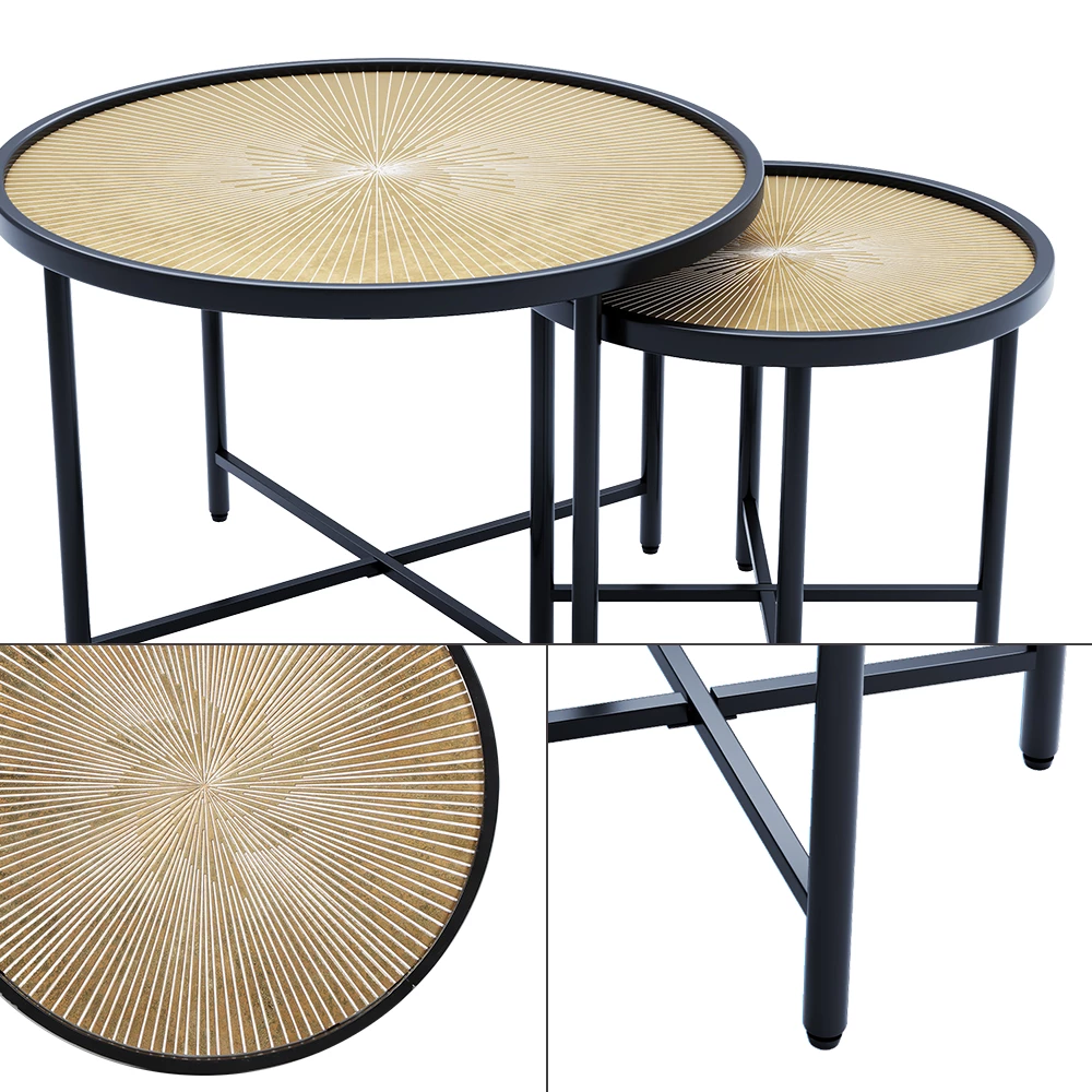 Nahaufnahme von Beistelltisch-Set in Holz, zeigt Design- und Oberflächendetails