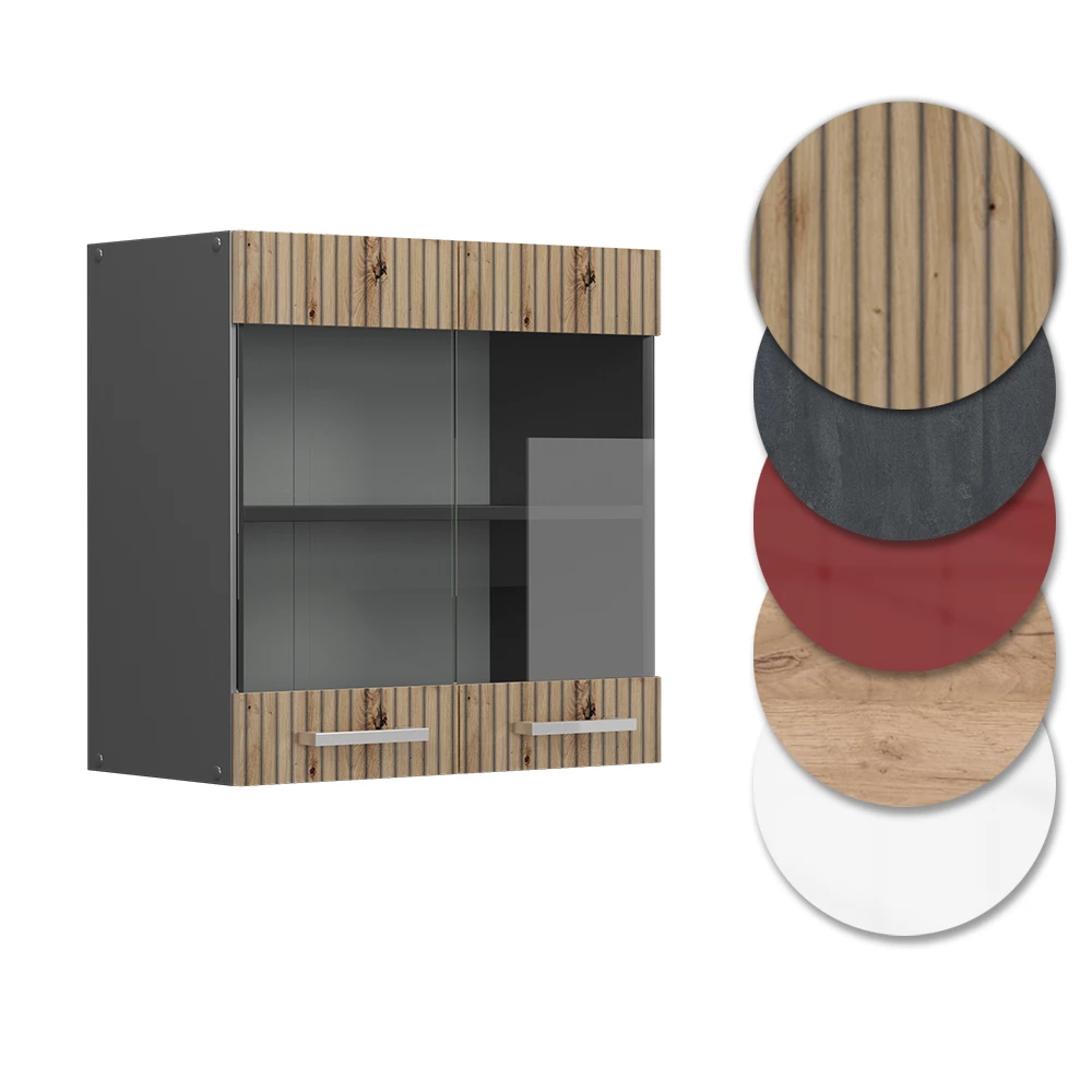 Nahaufnahme von Küchenglasschrank in Artisan-Eiche, zeigt Design- und Oberflächendetails