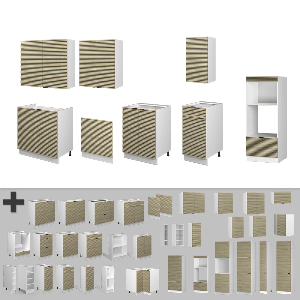 Nahaufnahme von Küchenzeile in Eiche Paneel/Weiß, zeigt Design- und Oberflächendetails