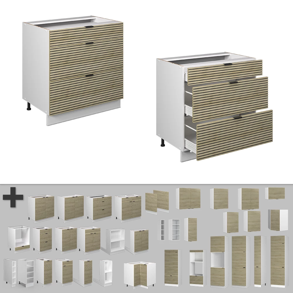 Nahaufnahme von Küchenunterschrank in Eiche Paneel, zeigt Design- und Oberflächendetails