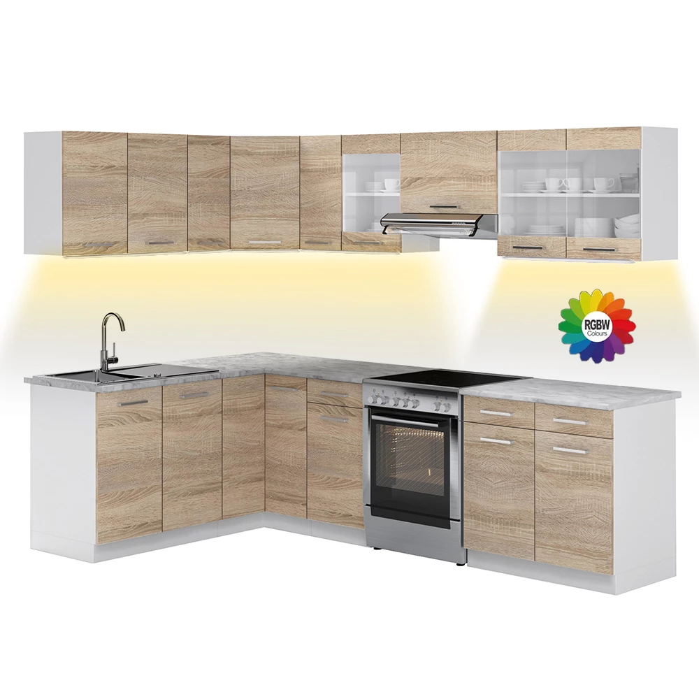 Cucina ad angolo in Bianco/Sonoma su sfondo bianco con elementi decorativi