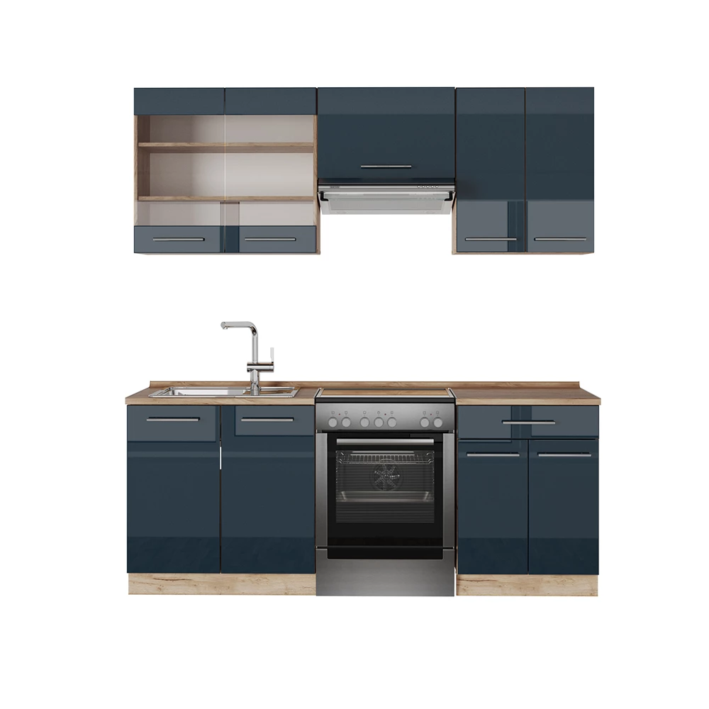 Keukenblokken in Donkerblauw hoogglans/gouden eik op een witte achtergrond