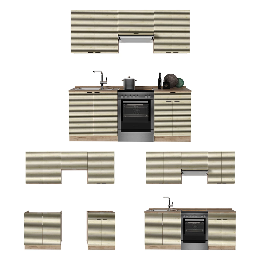 Cuisine en Chêne lambris/chêne doré sur fond blanc avec des éléments décoratifs
