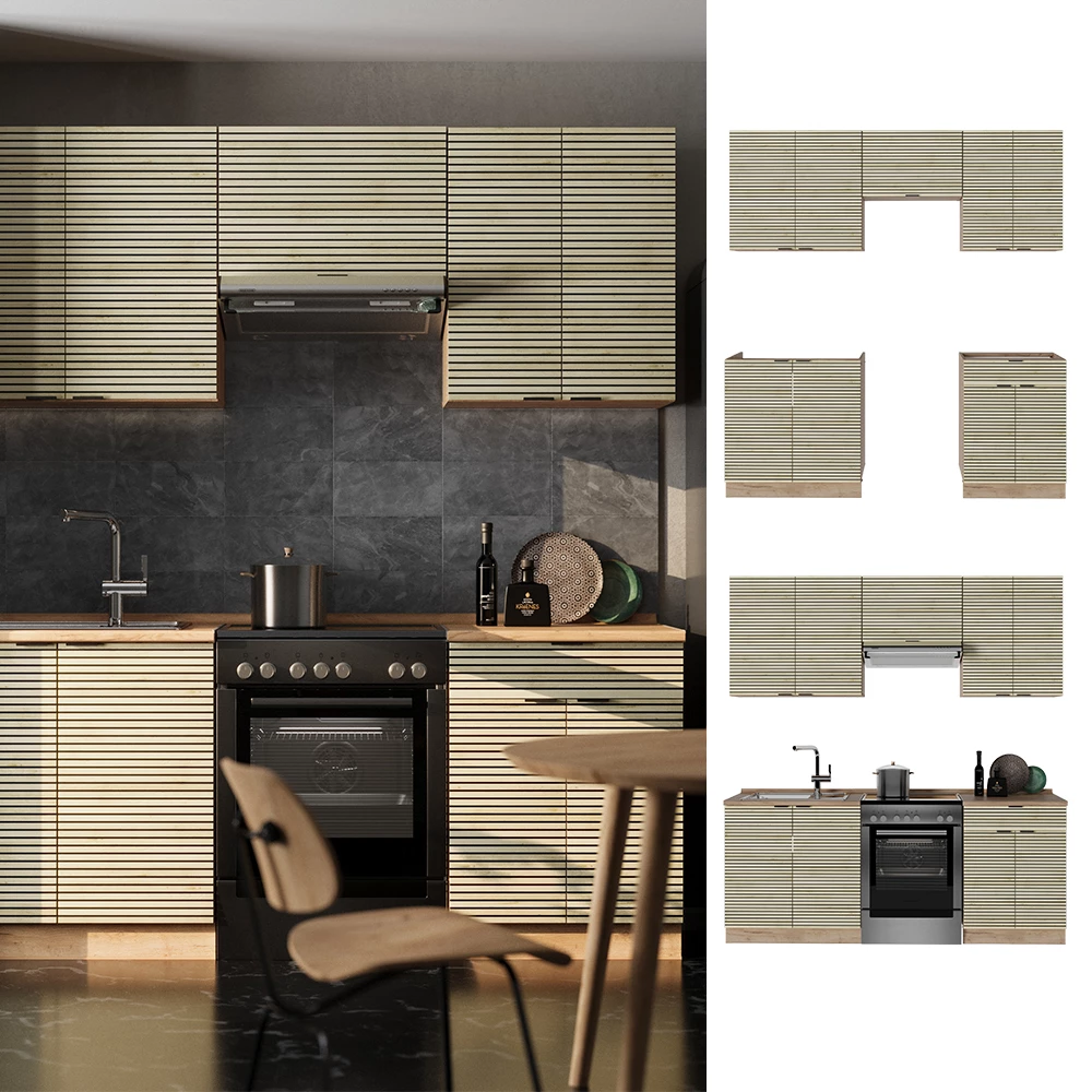 Cuisine en Chêne lambris/chêne doré, présenté dans un décor ambiant et sur fond blanc
