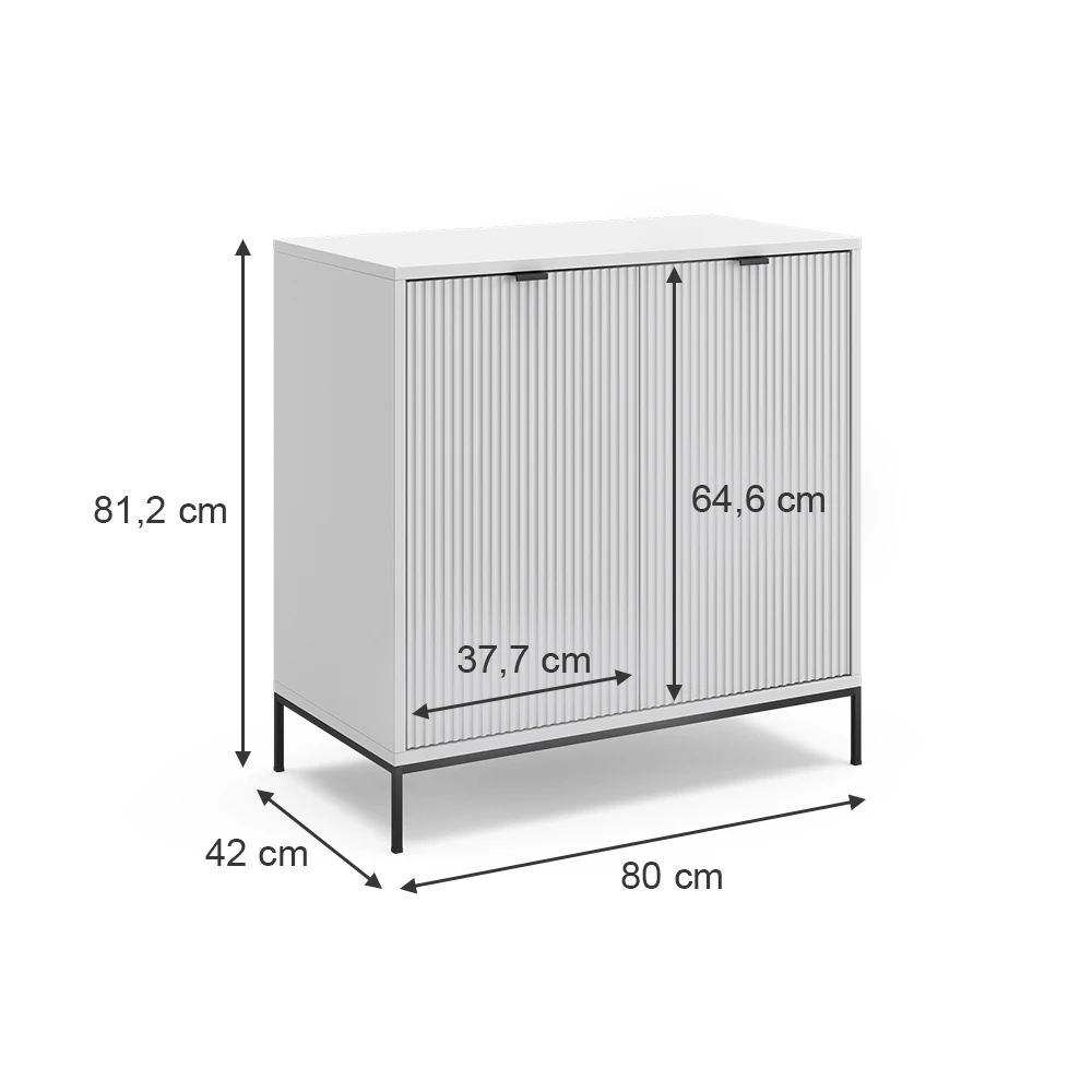 Kommode  in Weiß auf weißem Hintergrund mit sichtbaren Maßen