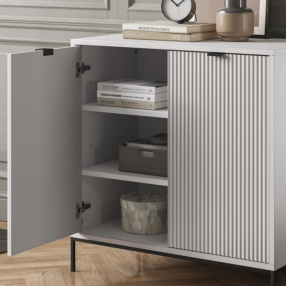 Nahaufnahme von Kommode  in Weiß, zeigt Textur/Details