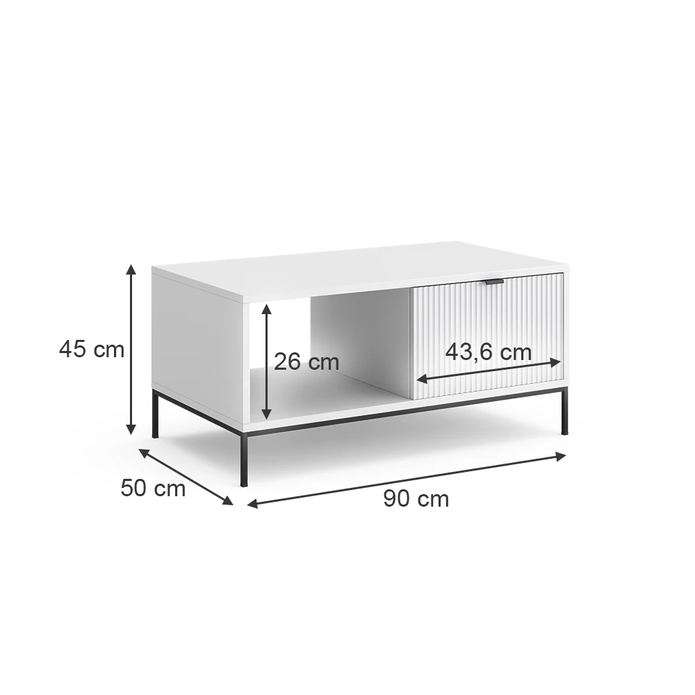 Couchtisch in Weiß auf weißem Hintergrund mit sichtbaren Maßen