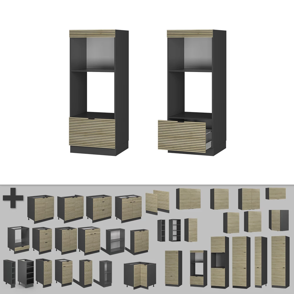 Nahaufnahme von Mikrowellenschrank in Eiche Paneel, zeigt Textur/Details