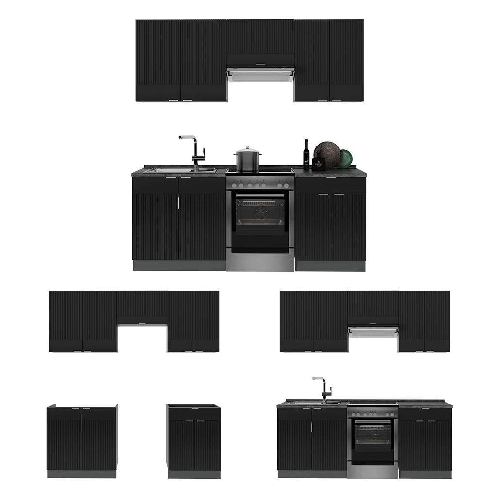 Cuisine en Noir rayé/anthracite sur fond blanc avec des éléments décoratifs