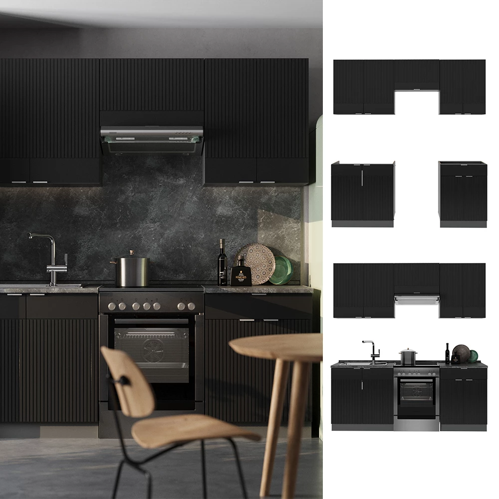 Cuisine en Noir rayé/anthracite sur fond blanc avec des éléments décoratifs