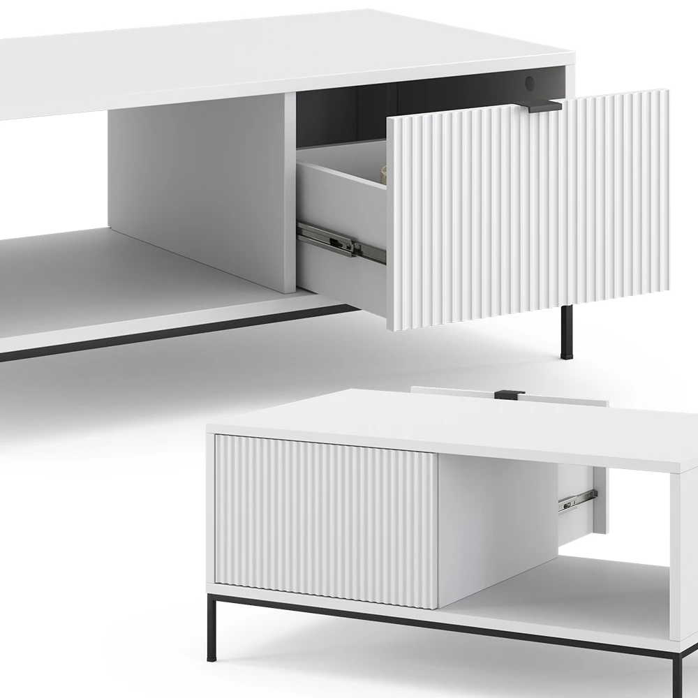 Nahaufnahme von Couchtisch in Weiß, zeigt Design- und Oberflächendetails