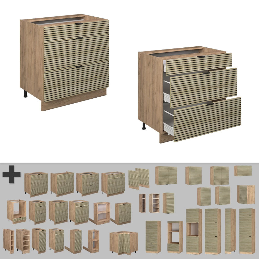 Nahaufnahme von Küchenunterschrank in Eiche Paneel, zeigt Textur/Details