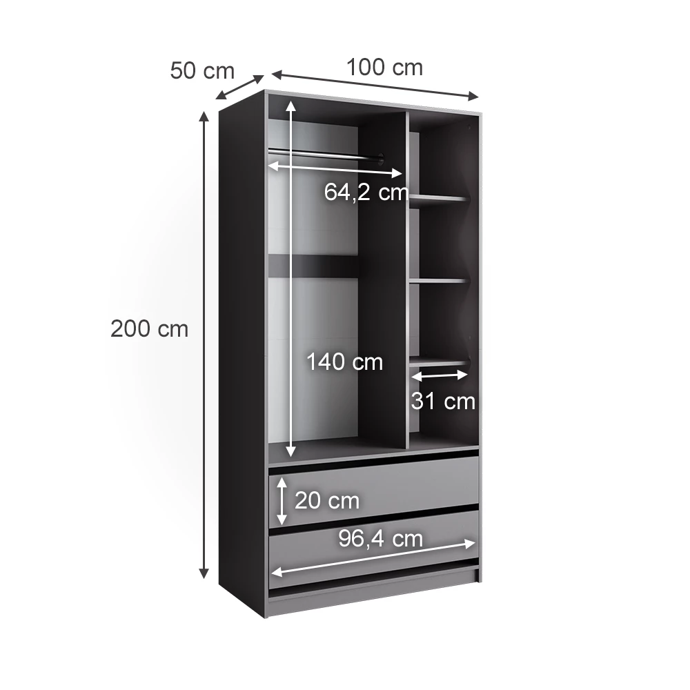 Vicco Kleiderschrank Anthrazit 100 x 200 cm mit 2 Schubladen, Elmo