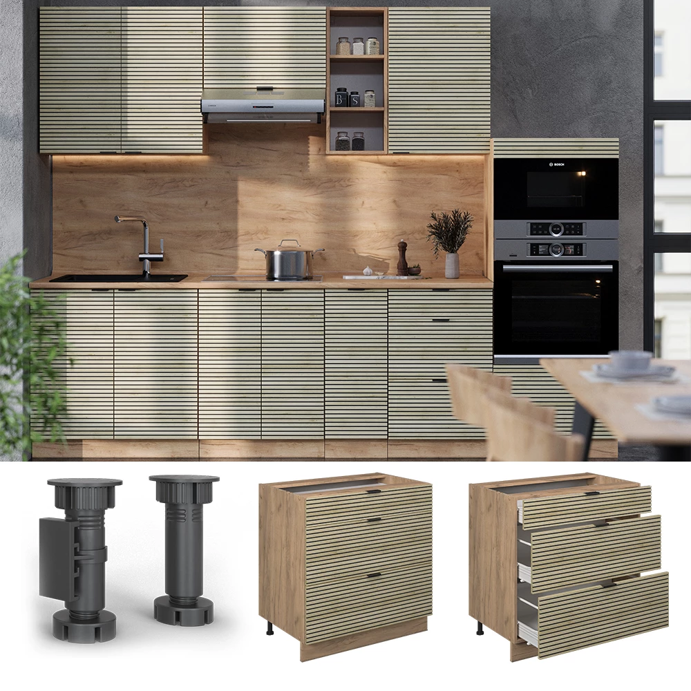 Küchenunterschrank in Eiche Paneel, dargestellt im Ambiente und auf weißem Hintergrund