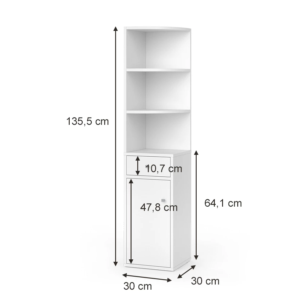 Vicco Rohová police Bílá 30 x 135.5 cm s dvířky a zásuvkou, Larry