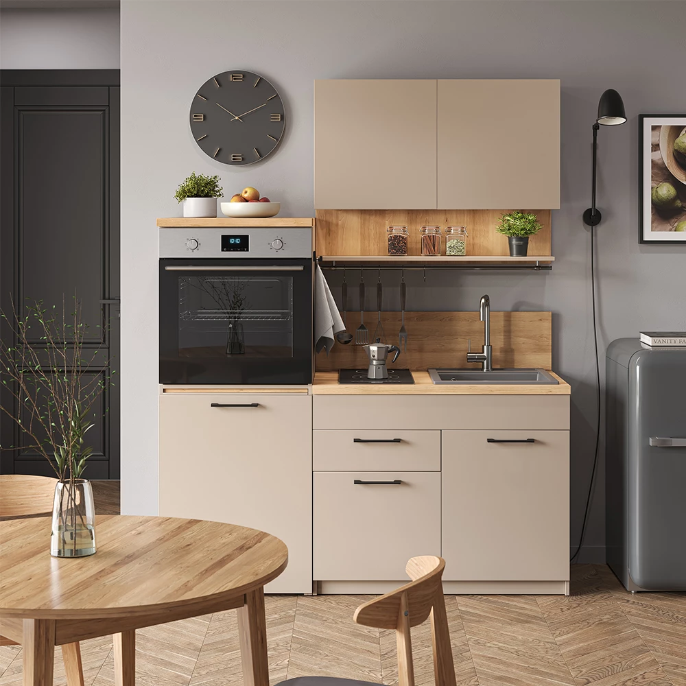 livinity® Singleküche Greige 160 cm mit ausziehbarem Tisch, Egbert
