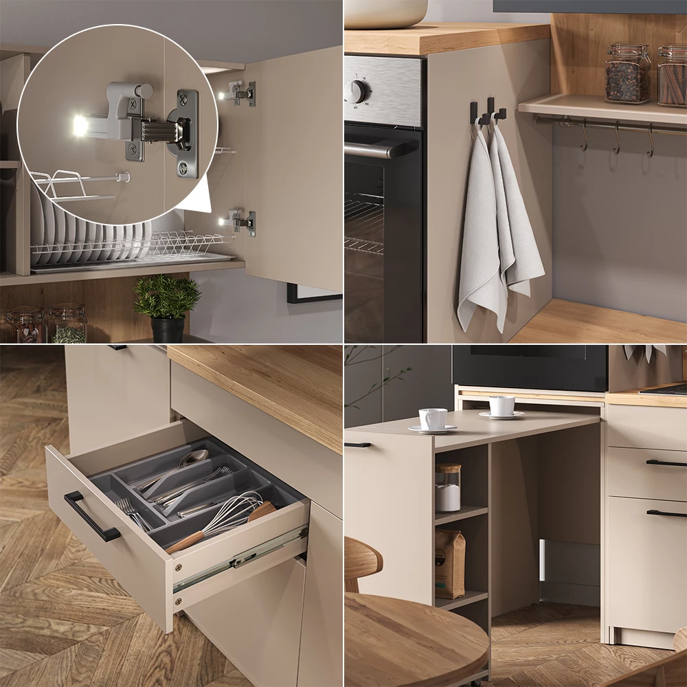 livinity® Singleküche Greige 160 cm mit ausziehbarem Tisch, Egbert