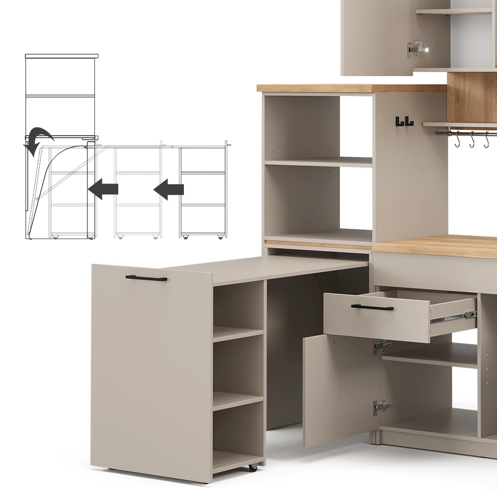 livinity® Singleküche Greige 160 cm mit ausziehbarem Tisch, Egbert