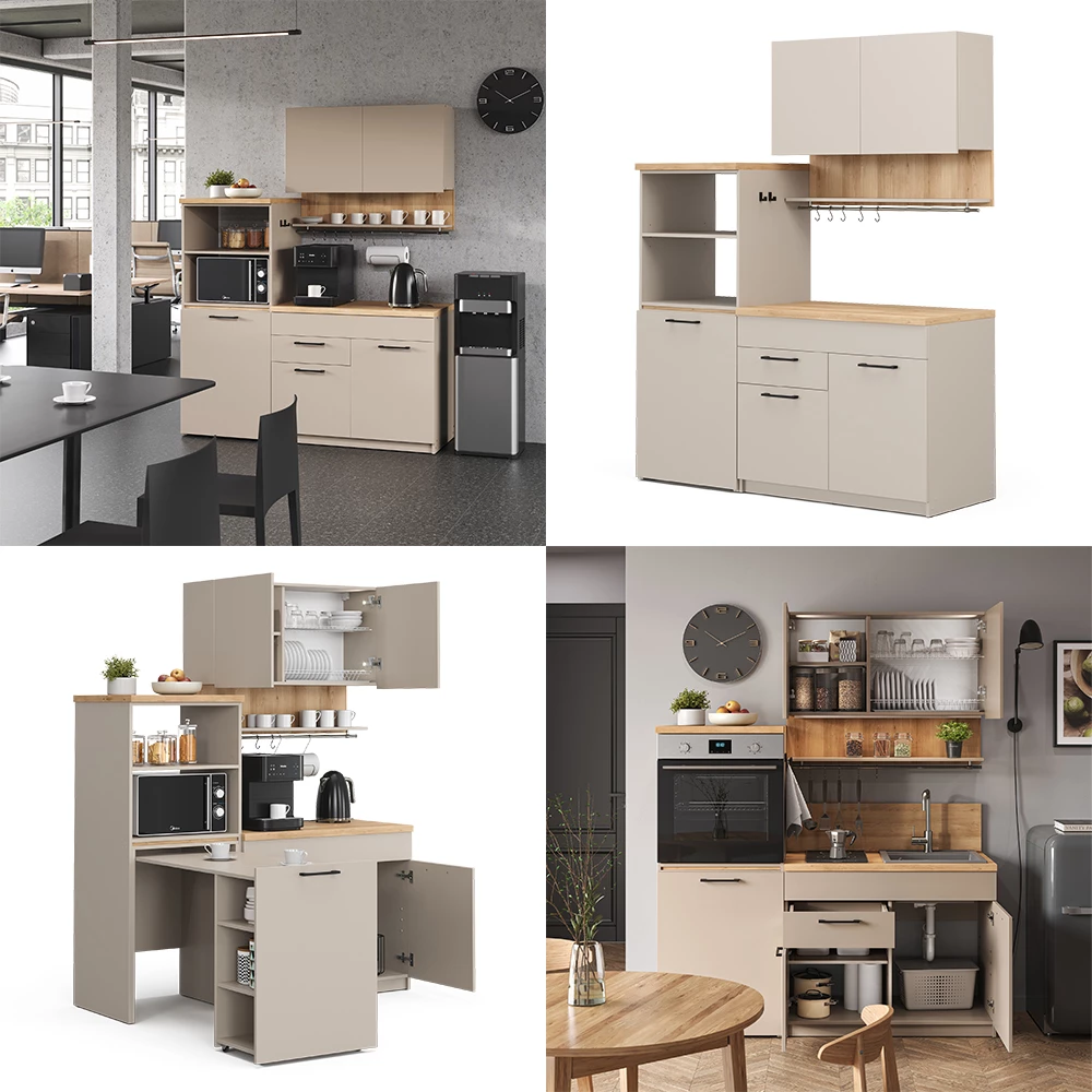 livinity® Singleküche Greige 160 cm mit ausziehbarem Tisch, Egbert