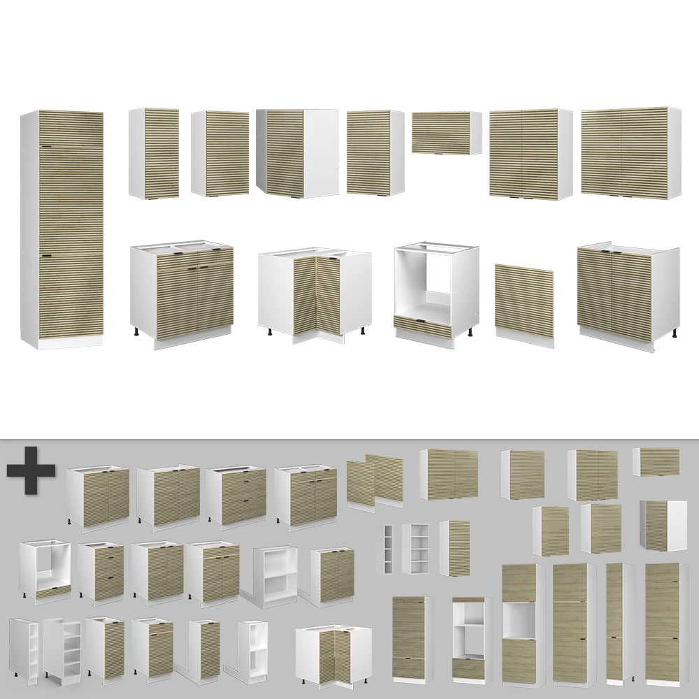 Nahaufnahme von Eckküche in Eiche Paneel/Weiß, zeigt Design- und Oberflächendetails
