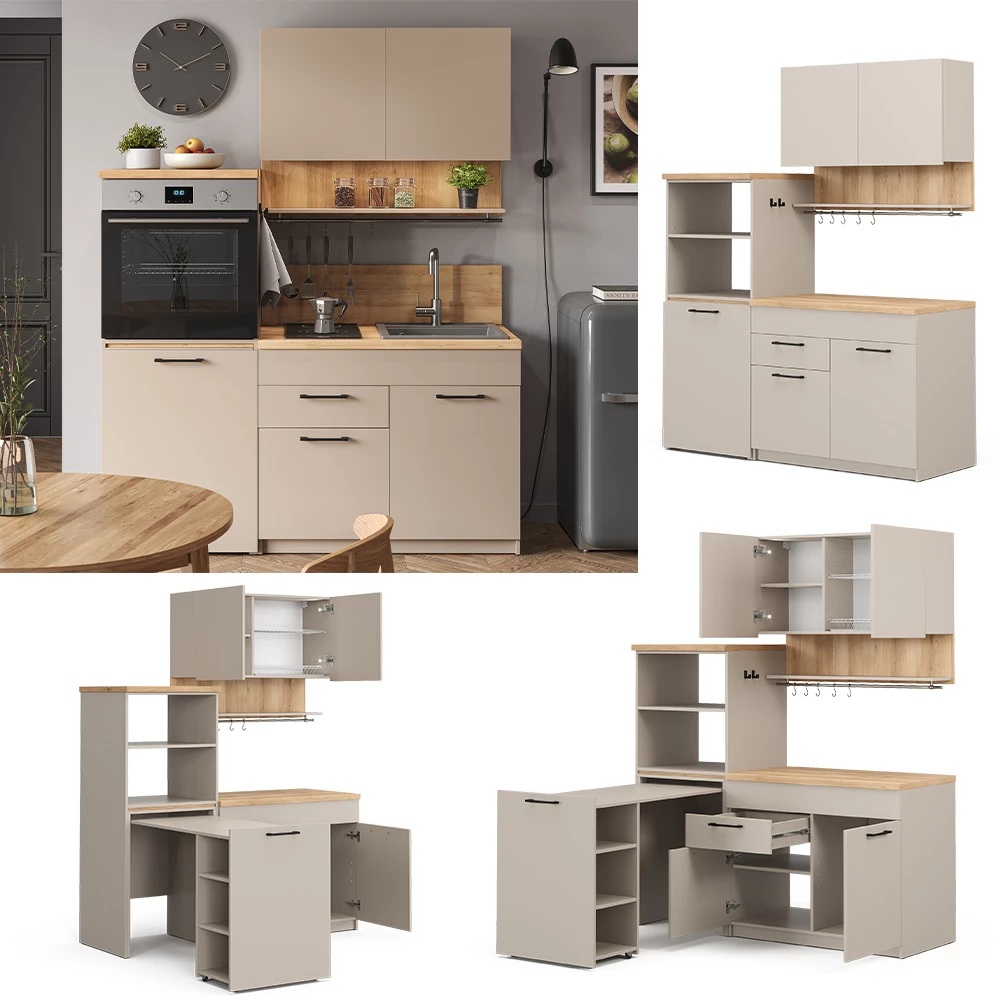 livinity® Singleküche Greige 160 cm mit ausziehbarem Tisch, Egbert