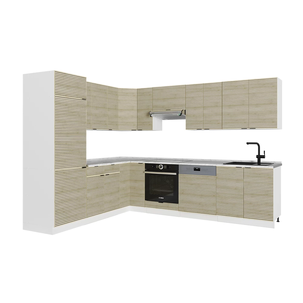 Cocina esquinera en Panel roble/blanco sobre fondo blanco