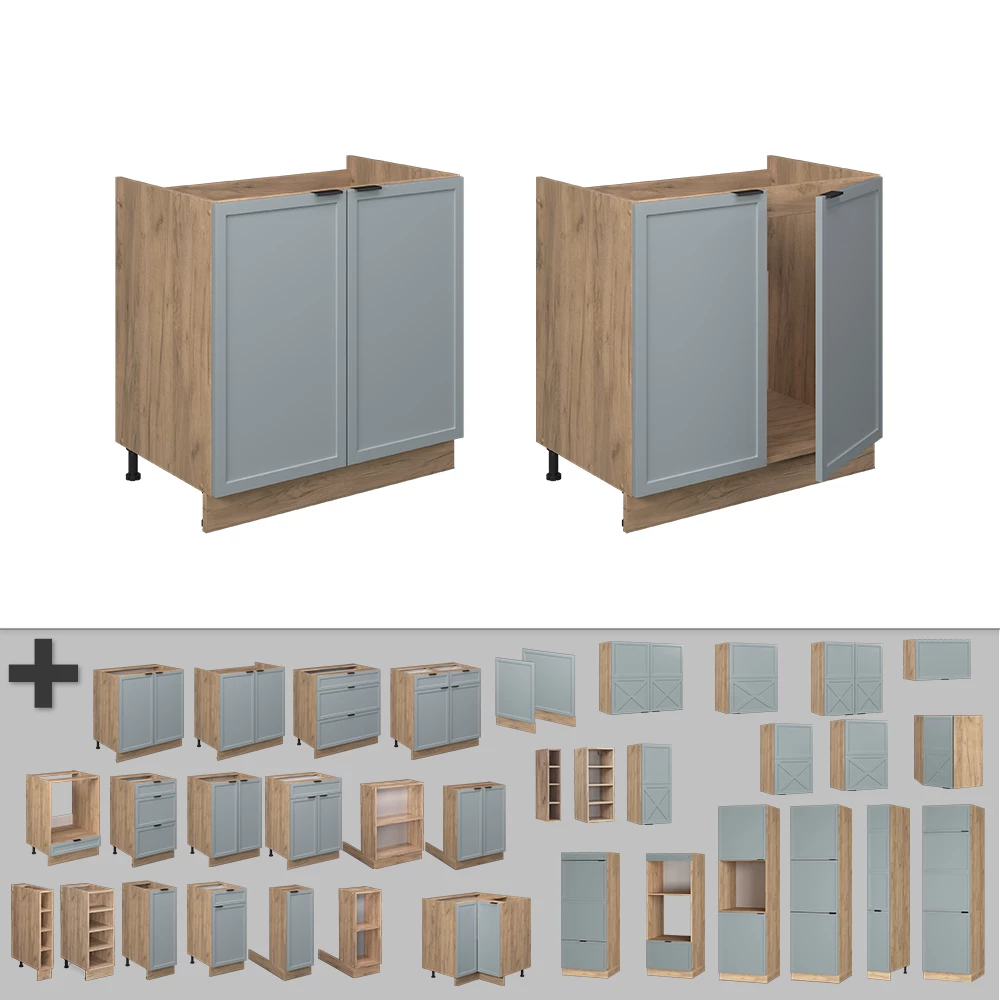 Nahaufnahme von Spülenunterschrank in Hellblau-grau, zeigt Design- und Oberflächendetails