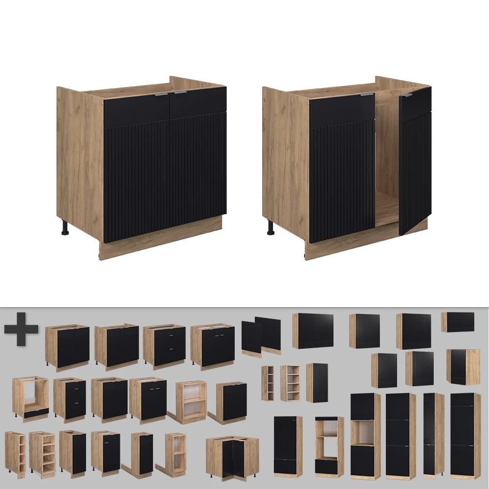Nahaufnahme von Spülenunterschrank in Schwarz gestreift, zeigt Design- und Oberflächendetails