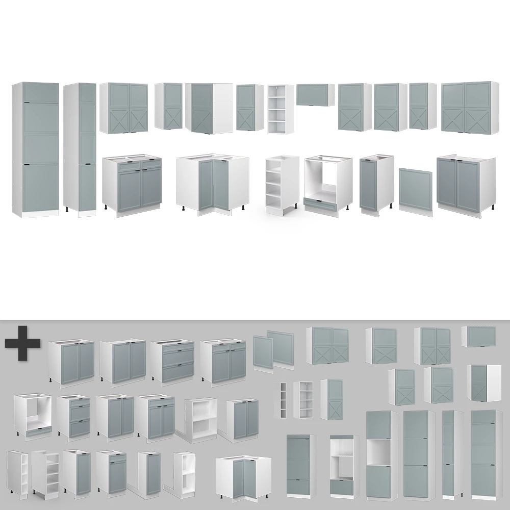 Gros plan de Cuisine en angle en Bleu clair-gris/blanc, montrant le design et les détails de surface