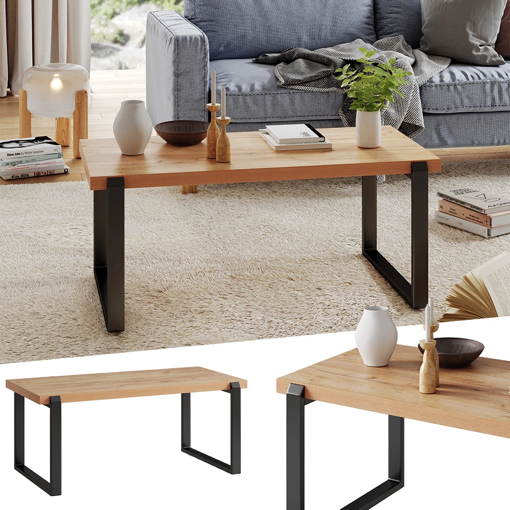 Vicco Table basse Chêne rustique 110x46cm avec un cadre métallique, Halifax