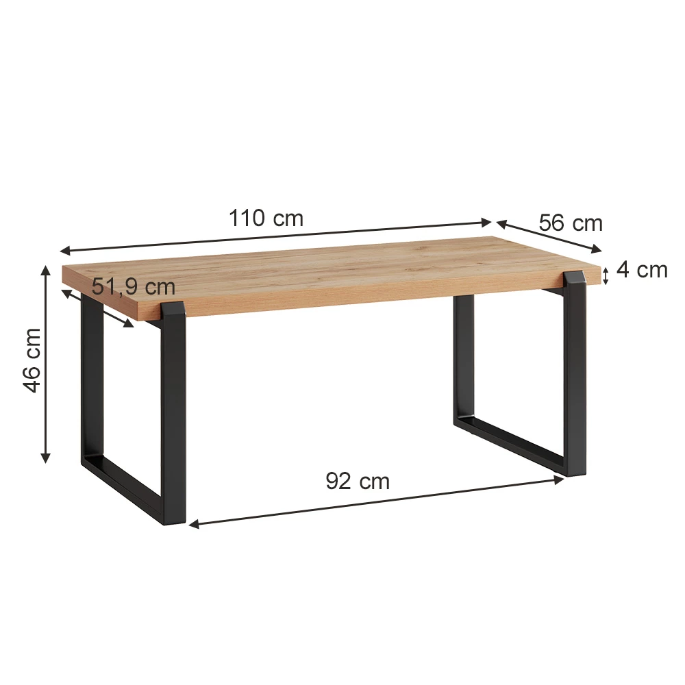 Vicco Table basse Chêne rustique 110x46cm avec un cadre métallique, Halifax