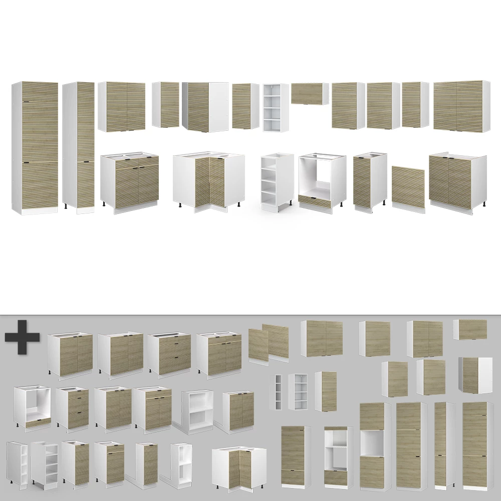 Nahaufnahme von Eckküche in Eiche Paneel/Weiß, zeigt Design- und Oberflächendetails