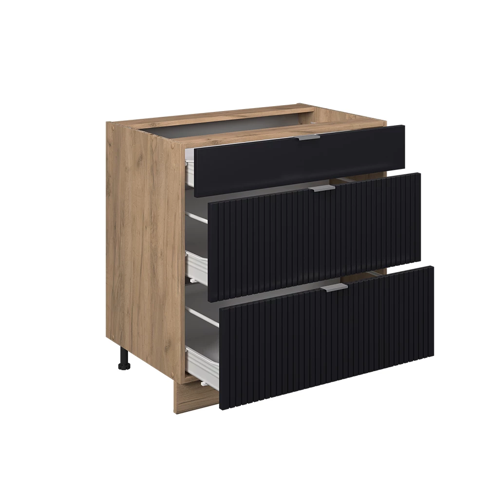 Nahaufnahme von Küchenunterschrank in Schwarz gestreift, zeigt Textur/Details