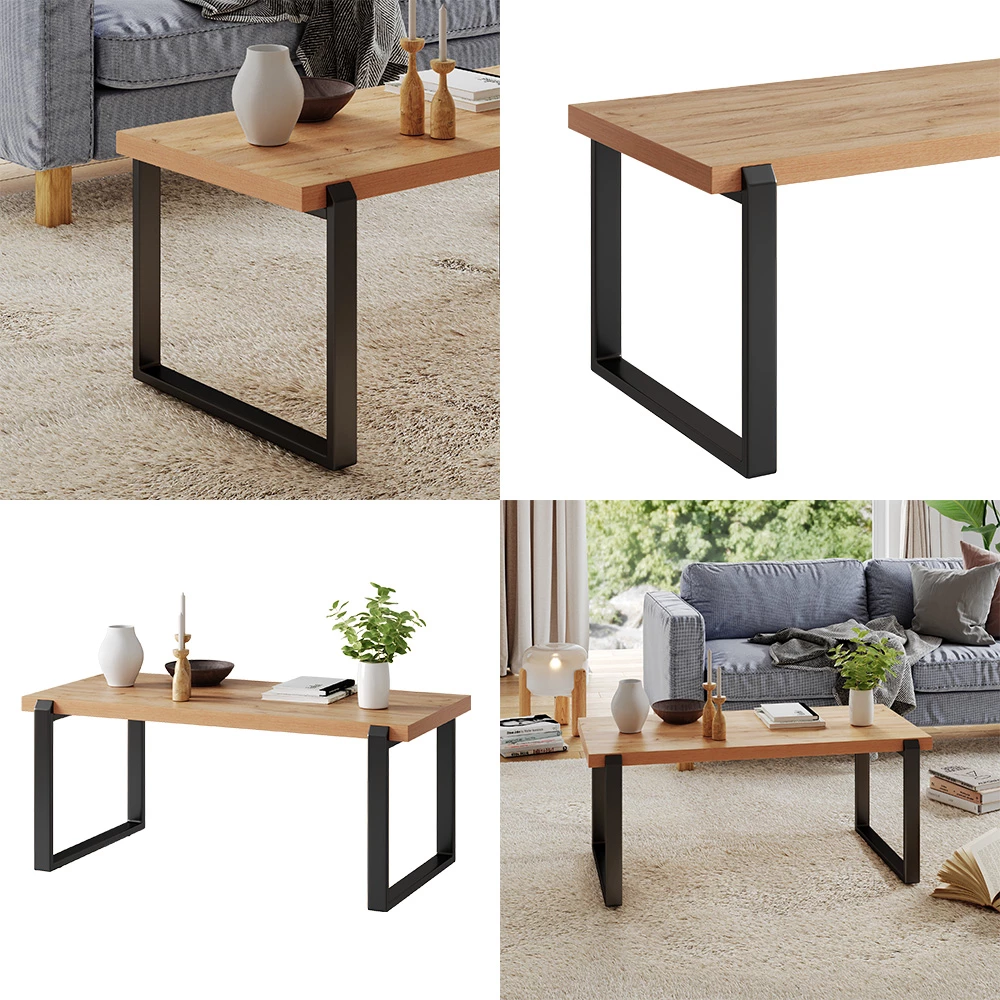 Vicco Table basse Chêne rustique 110x46cm avec un cadre métallique, Halifax