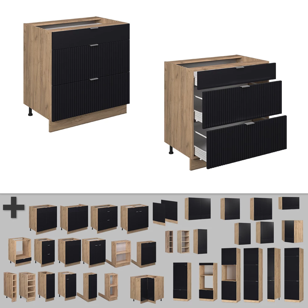 Nahaufnahme von Küchenunterschrank in Schwarz gestreift, zeigt Design- und Oberflächendetails