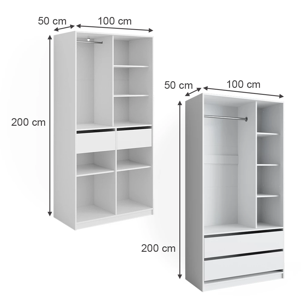 Garderobe i farven Hvid på hvid baggrund med synlige dimensioner