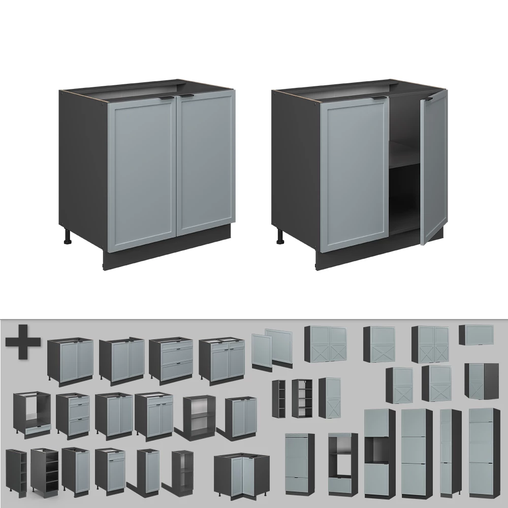 Nahaufnahme von Spülenunterschrank in Hellblau-grau, zeigt Design- und Oberflächendetails