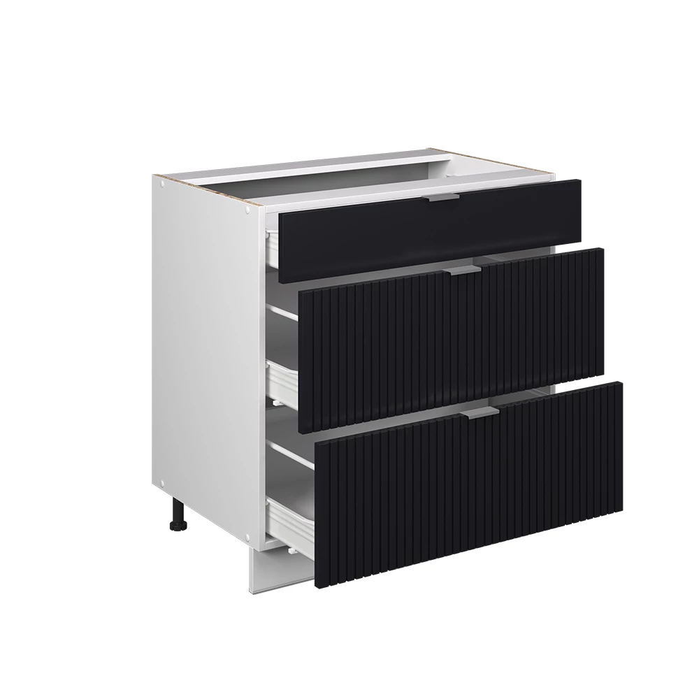 Küchenunterschrank in Schwarz gestreift, dargestellt im Ambiente und auf weißem Hintergrund