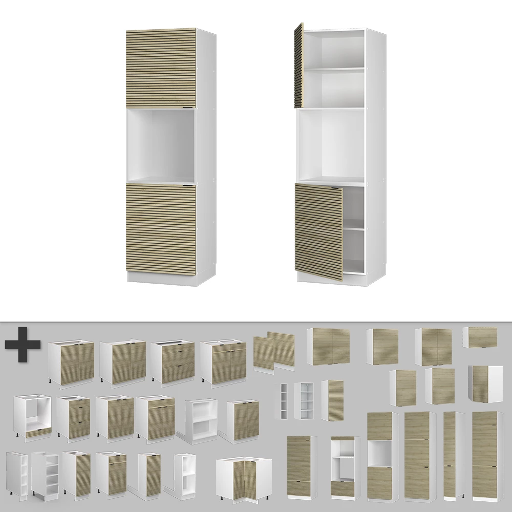 Nahaufnahme von Herdumbauschrank in Eiche Paneel, zeigt Design- und Oberflächendetails