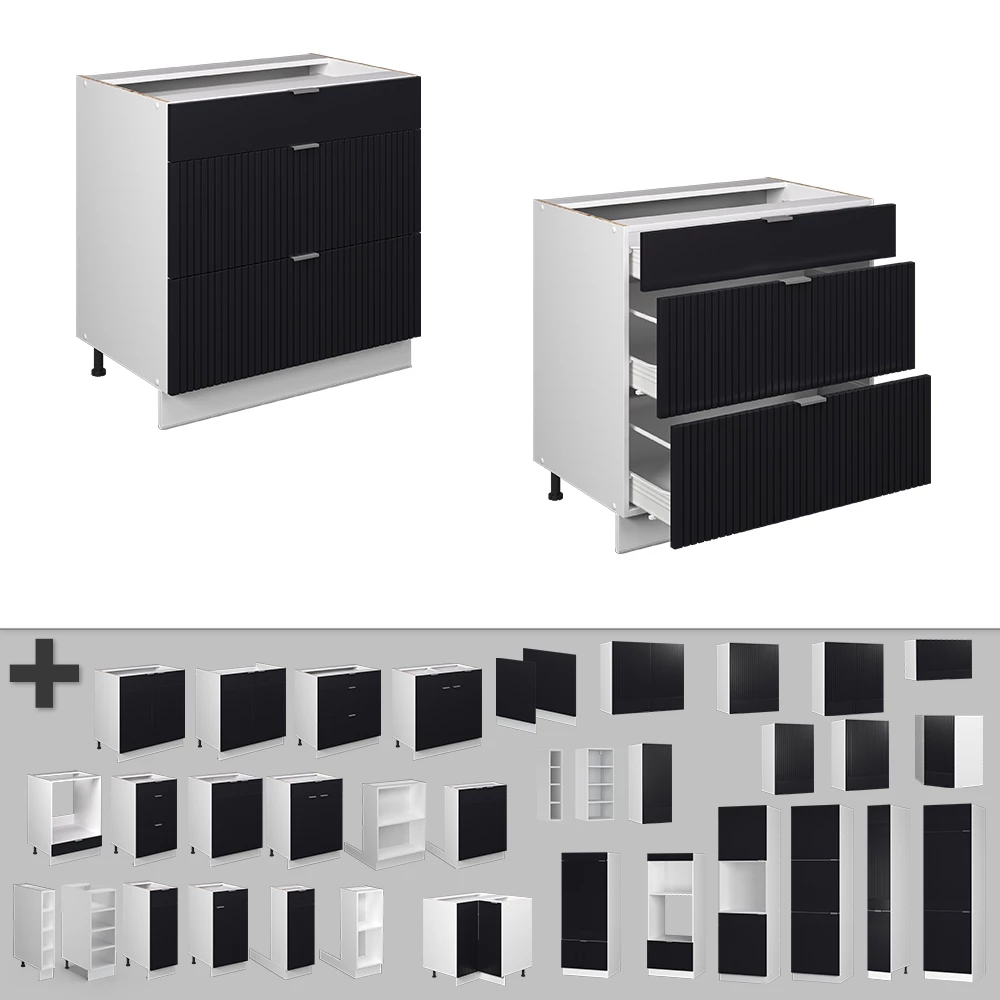 Nahaufnahme von Küchenunterschrank in Schwarz gestreift, zeigt Design- und Oberflächendetails