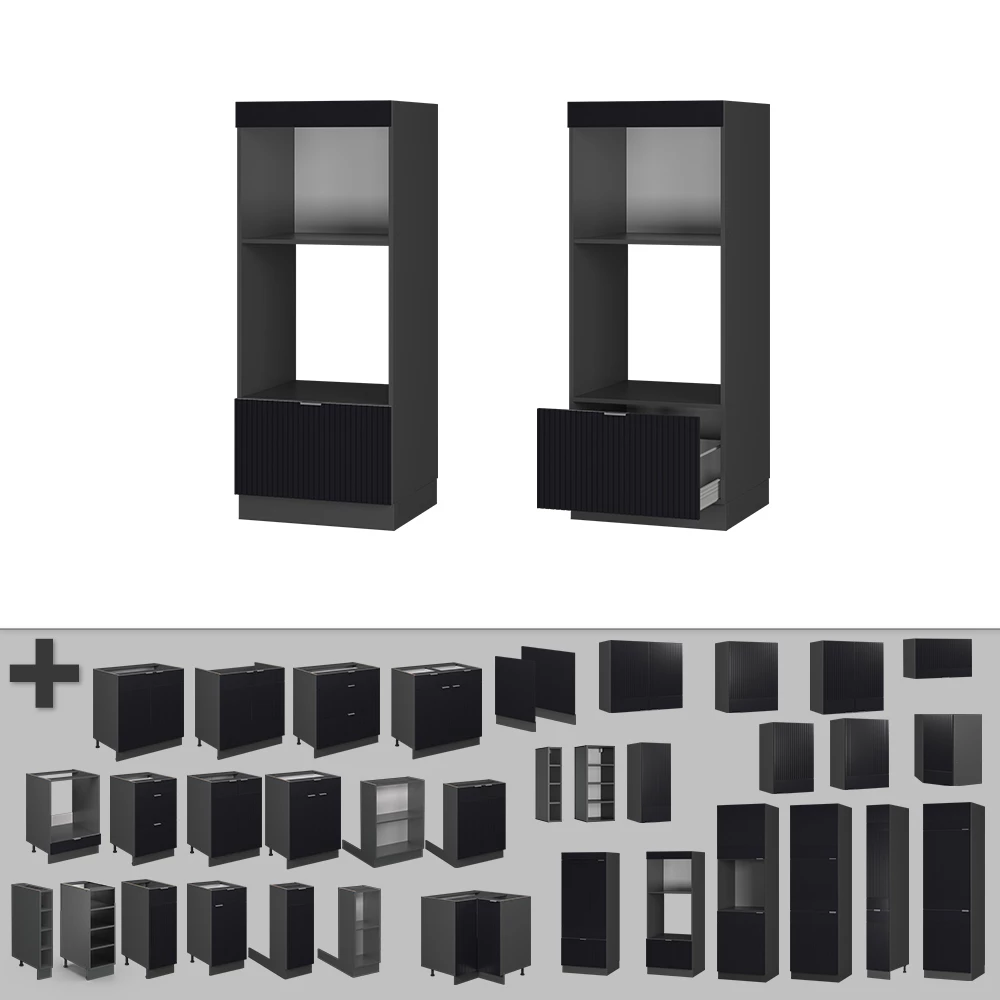 Nahaufnahme von Mikrowellenschrank in Schwarz gestreift, zeigt Design- und Oberflächendetails