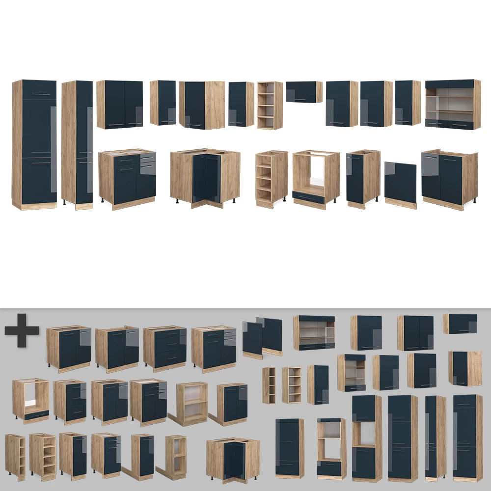 Nahaufnahme von Eckküche in Dunkelblau Hochglanz/Goldkraft Eiche, zeigt Design- und Oberflächendetails
