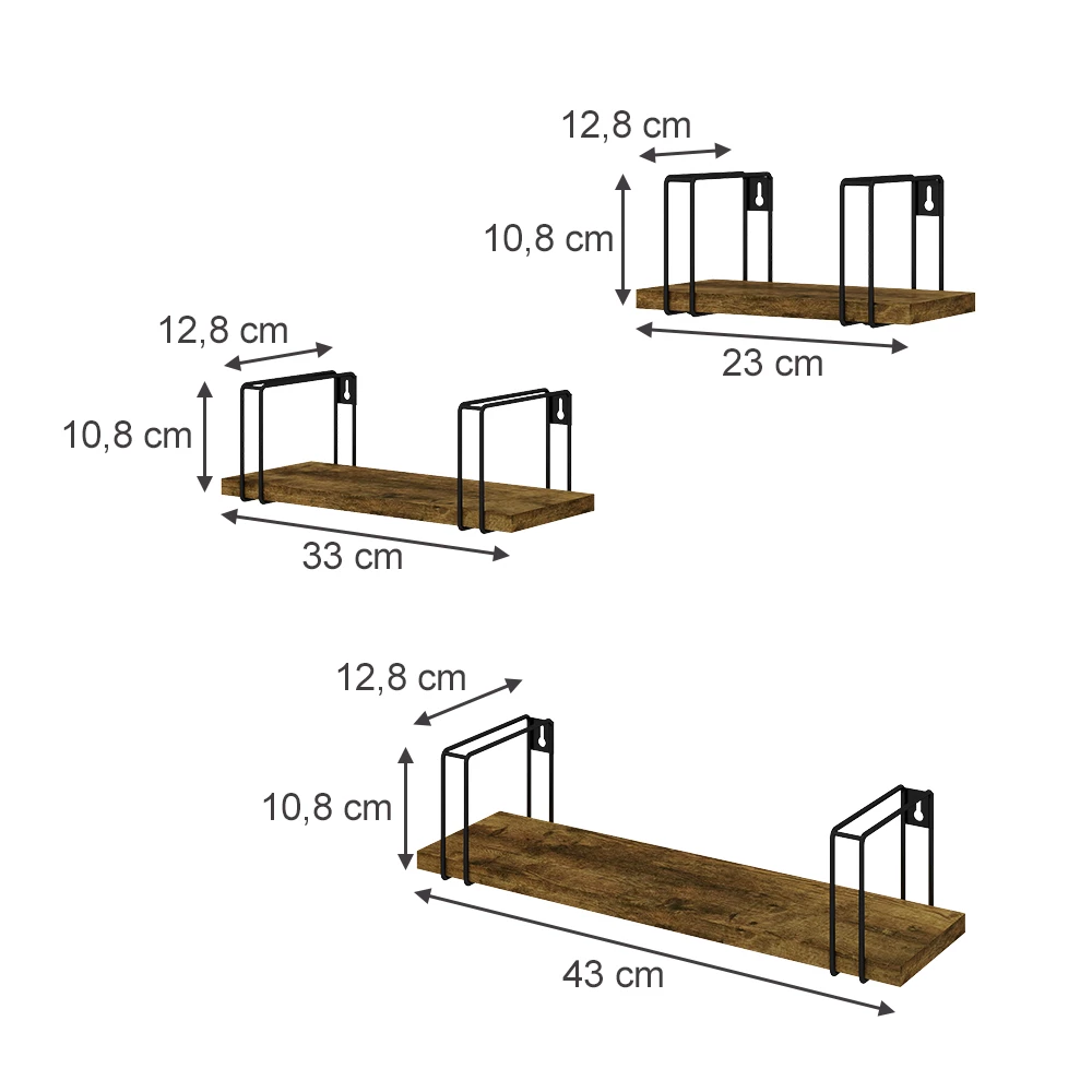 Wandplank in Antiek hout op een witte achtergrond met zichtbare afmetingen