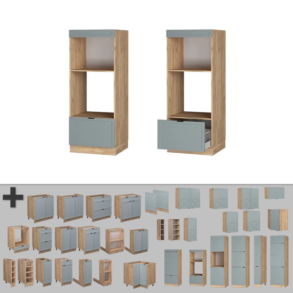 Nahaufnahme von Mikrowellenschrank in Hellblau-grau, zeigt Textur/Details