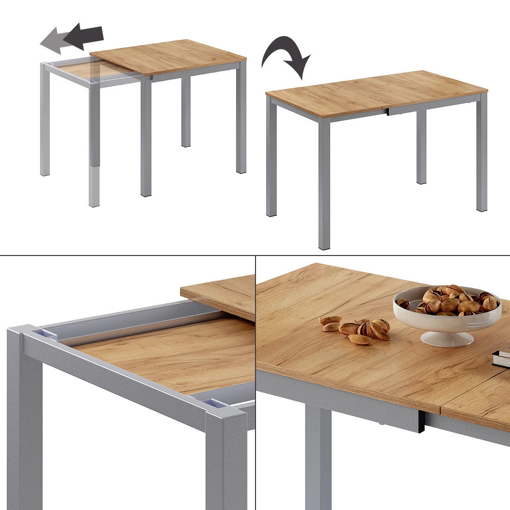 Nahaufnahme von Esstisch in Eiche/Grau, zeigt Design- und Oberflächendetails