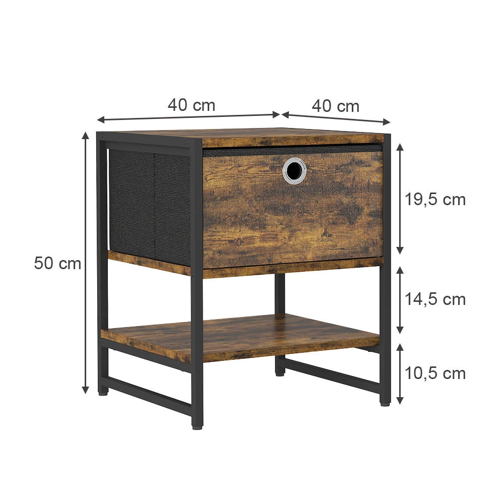Table de chevet en Chêne rustique sur fond blanc avec dimensions visibles
