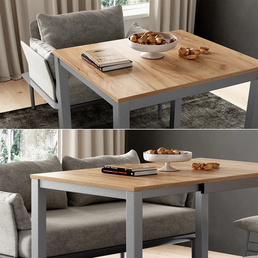 Nahaufnahme von Esstisch in Eiche/Grau, zeigt Textur/Details