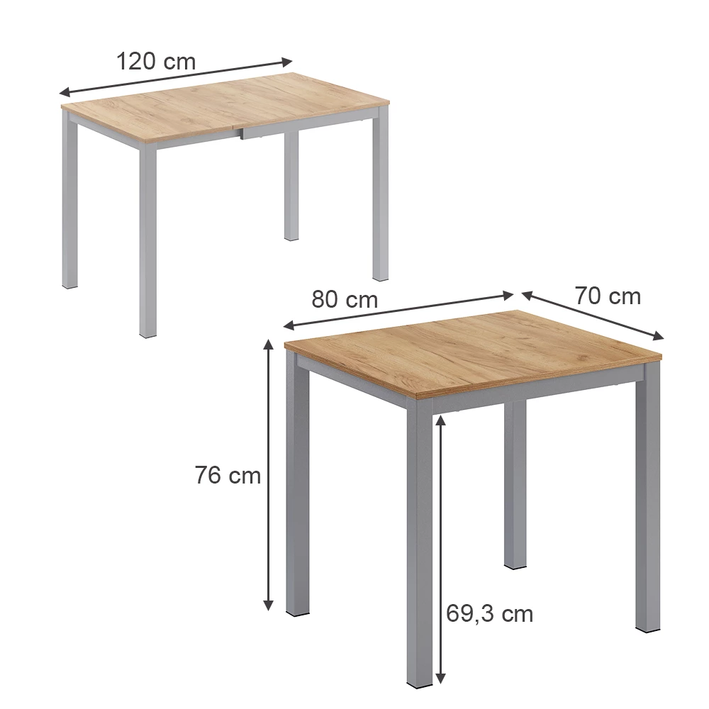 Esstisch in Eiche/Grau auf weißem Hintergrund mit sichtbaren Maßen