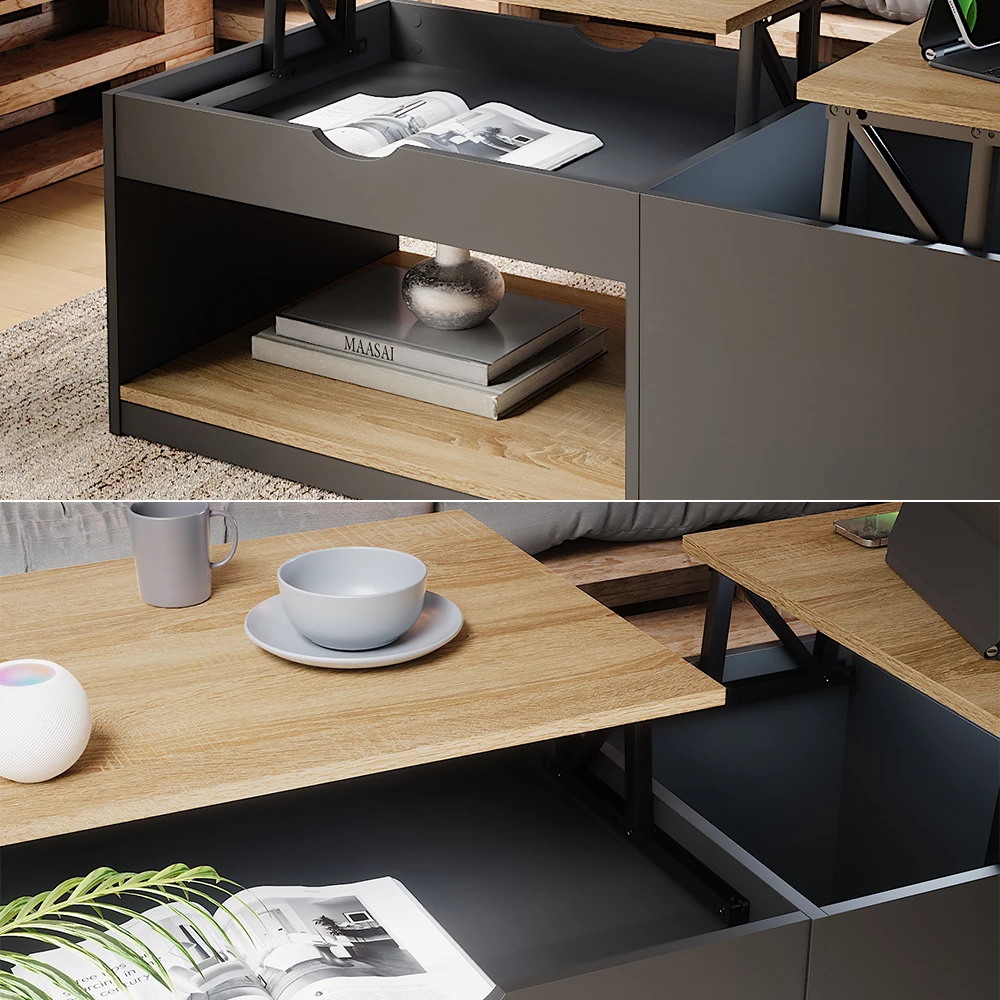 Nahaufnahme von Couchtisch in Schwarz, zeigt Textur/Details